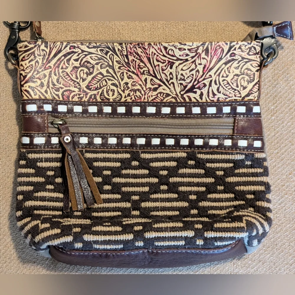 Myra Bag Boho Cotton Carve Leather Crossbody Purse Bag